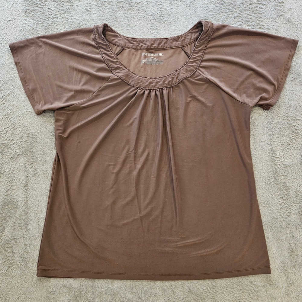 Nottibianche Womens Brown Scoop Neck Pleated Short‎ Sleeve Top Size L
